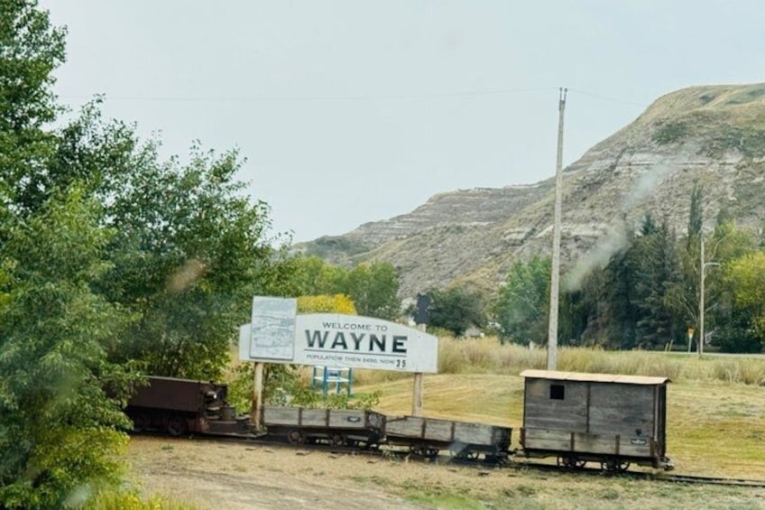 A train with a sign reading 'Welcome to Wayne' and a small wooden structure. 4