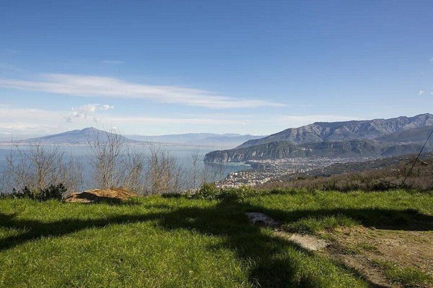 A grassy hillside with a clear view of a distant mountain range and a body of water. 2