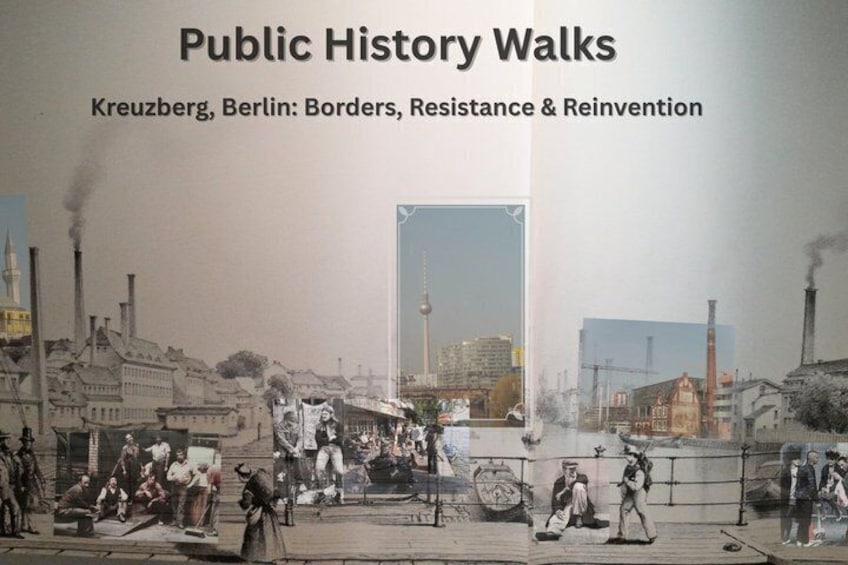 Eine historische Szene mit Personen, Industriegebäuden und Schornsteinen. 2