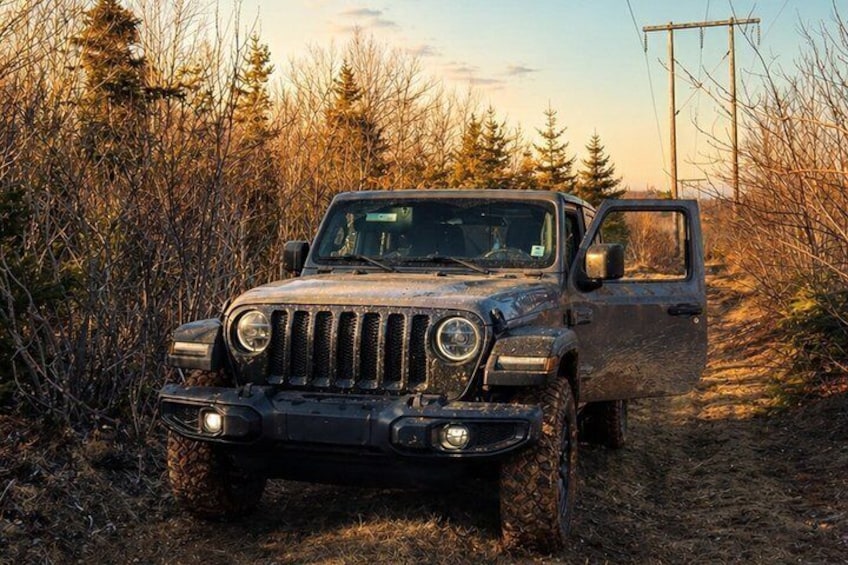 A black off-road vehicle with a raised front, mud caked on, parked on a dirt path surrounded by tall grasses and trees. 1