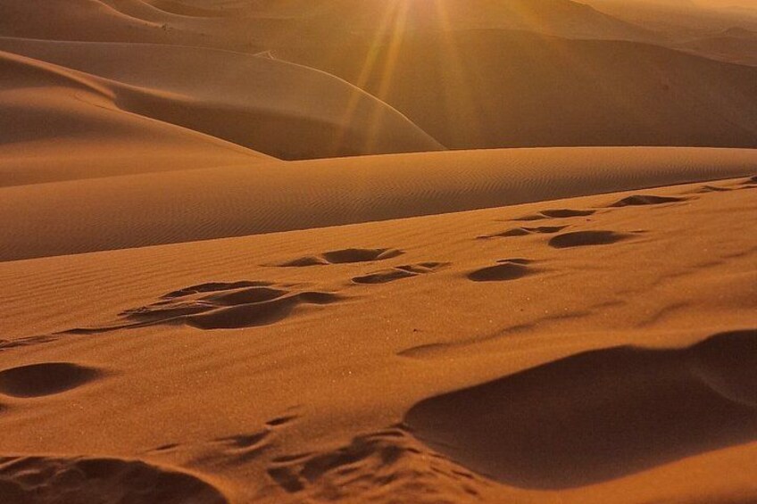 A desert landscape with sand dunes and footprints. 4