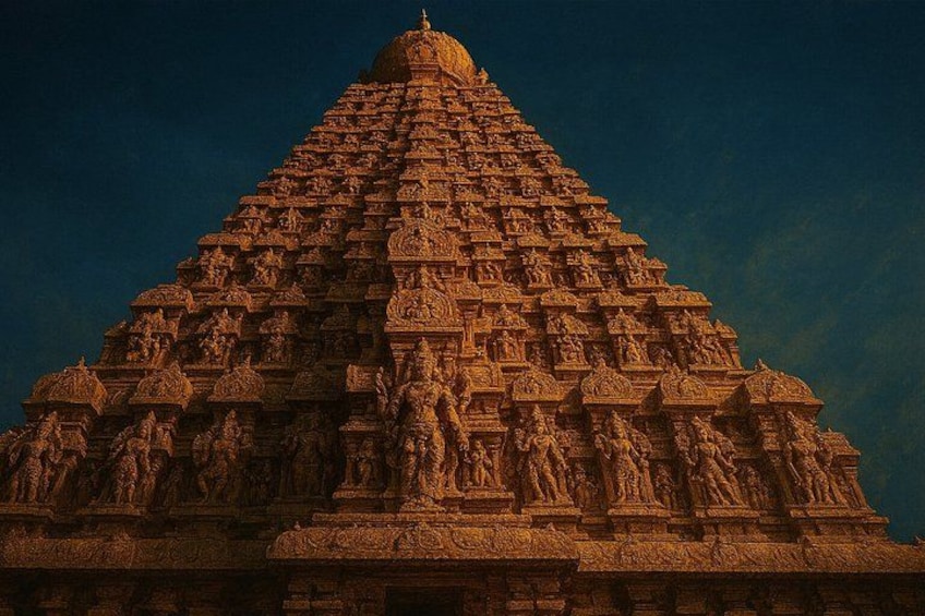 Un templo grande y ricamente tallado con varios niveles y estatuas. 1