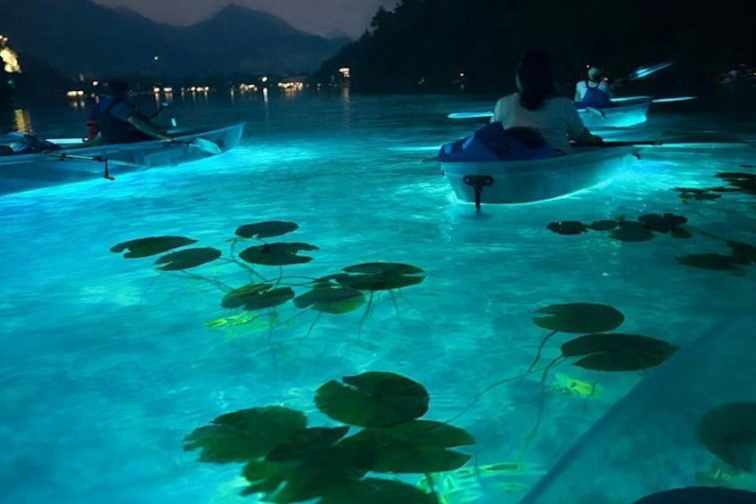 A nighttime scene with people paddling in boats on a body of water illuminated by blue lighting. 1