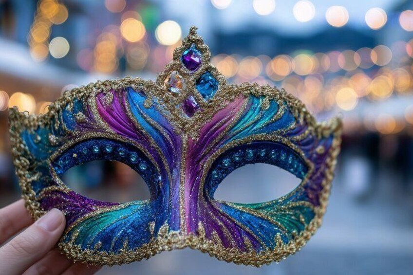 Una mano tiene una maschera colorata e decorata, con una gemma centrale. 1