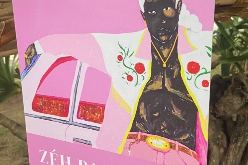 A pink and white poster with a black figure, a car, and the text 'ZÉHRA'. 3