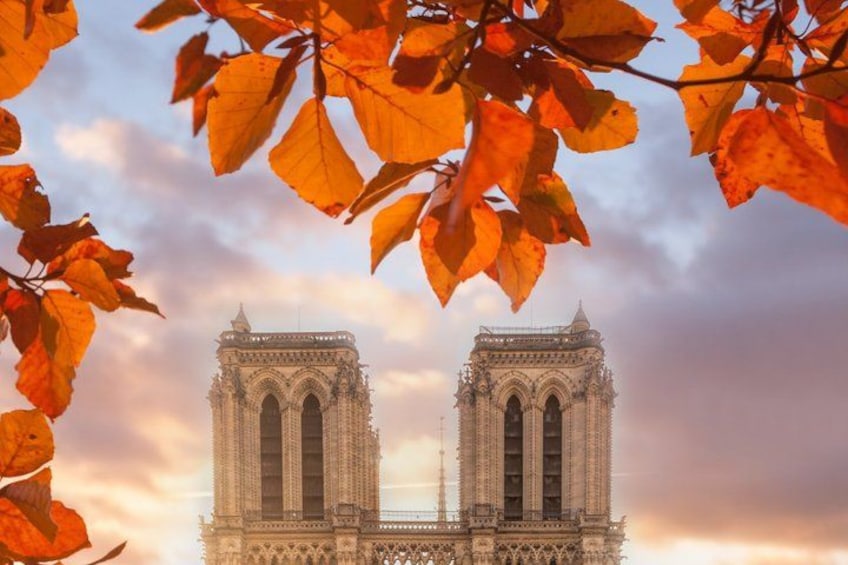 De Notre-Dame kathedraal met herfstbladeren en een bewolkte lucht. 2