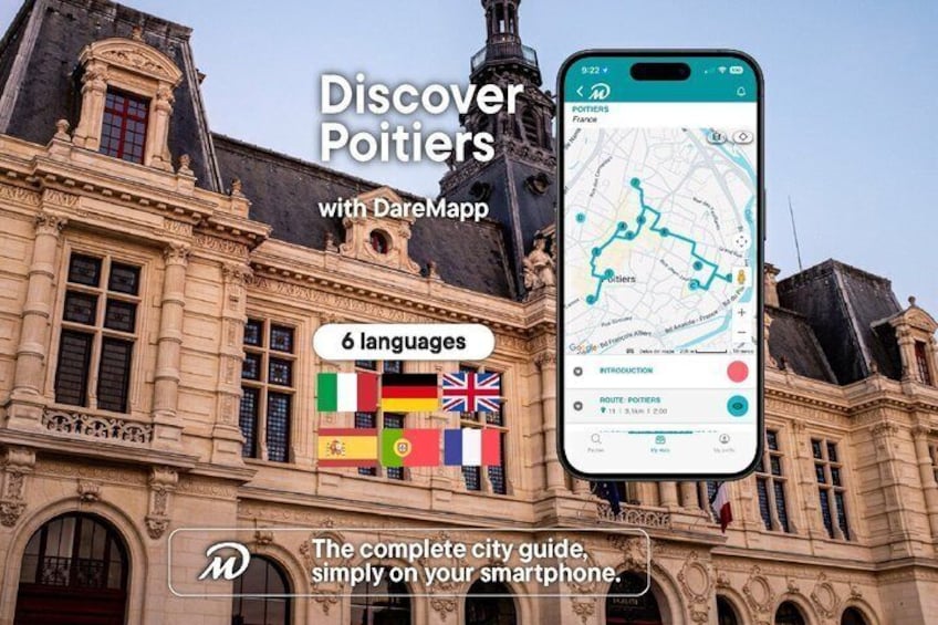 A historic building with a smartphone displaying a map. 1