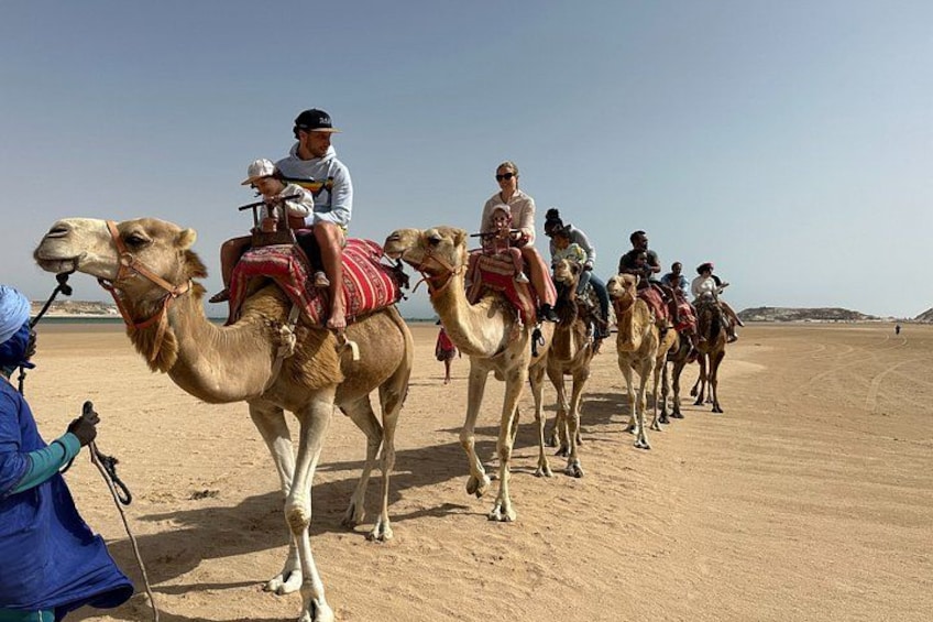 Un grupo de camellos con jinetes en un paisaje desértico. 4