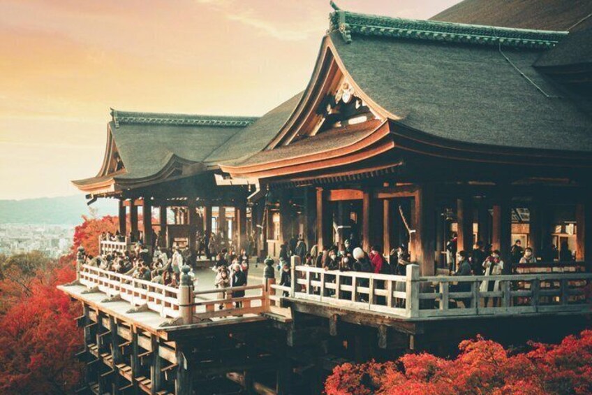 Un edificio japonés tradicional con techo curvo y estructura de madera, rodeado de follaje rojo. 4