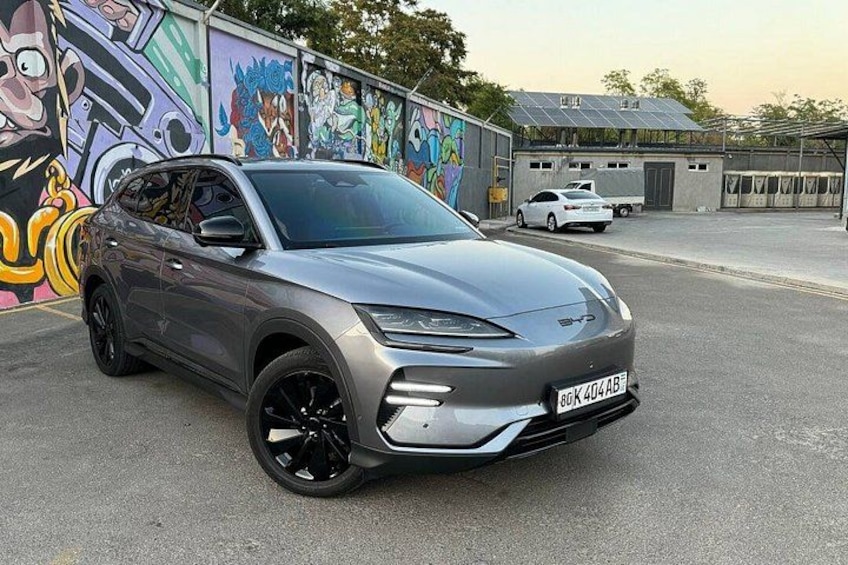 Een zilveren SUV geparkeerd voor een kleurrijke muurschildering. 4