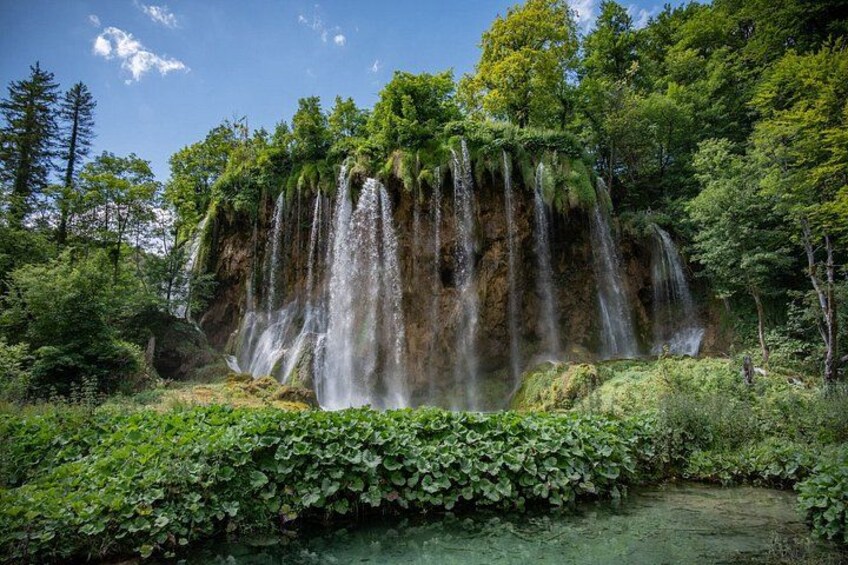 A waterfall surrounded by lush greenery and trees. 2