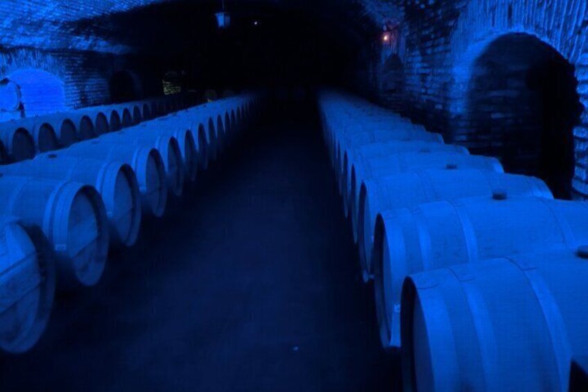 A tunnel with rows of barrels and brick walls. 3