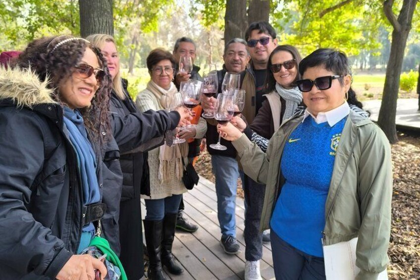 A group of people toasting with wine glasses in an outdoor setting with trees and a wooden deck. 5