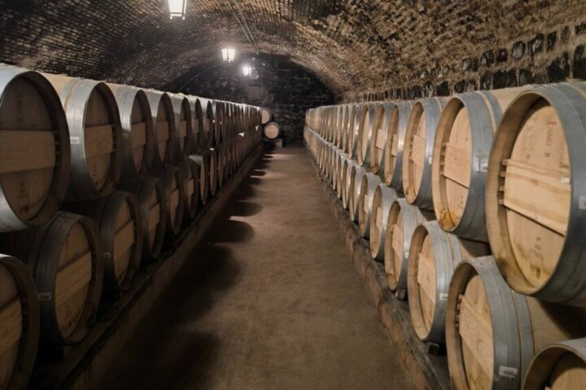 A cellar with rows of wooden wine barrels. 2