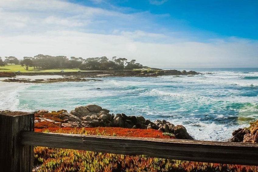 A coastal landscape with a wooden fence, rocky shoreline, and ocean waves. 5