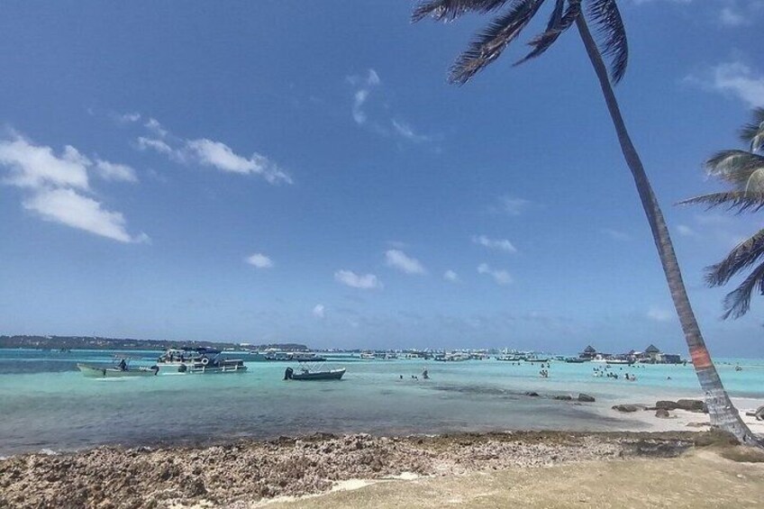 Ein Strand mit klarem türkisblauem Wasser, Booten und Palmen. 1