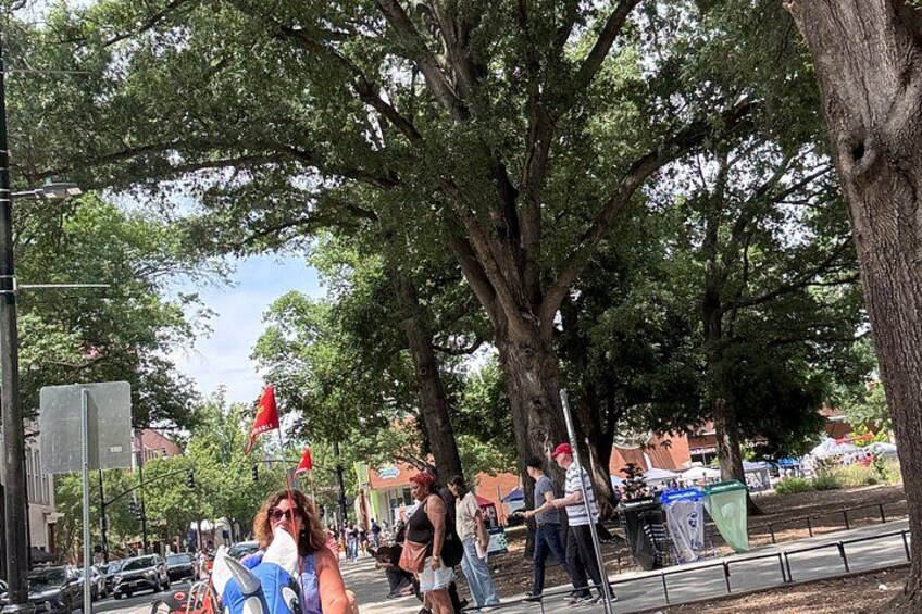 A tree-lined street with pedestrians, parked cars, and a red flag. 2