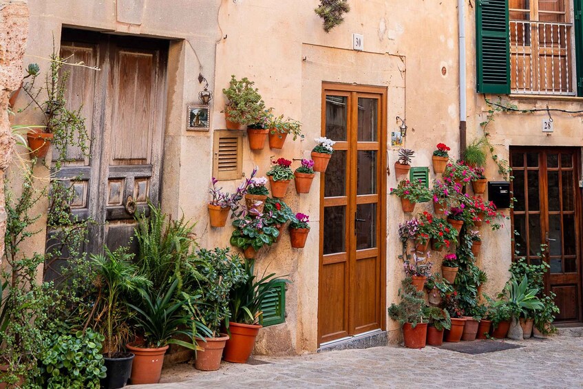 A building with a wooden door, potted plants, and a balcony with green shutters. 5