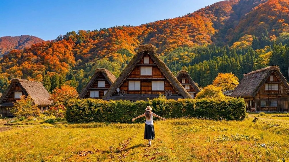 A person standing in a field with traditional thatched-roof houses and autumn-colored trees in the background. 1