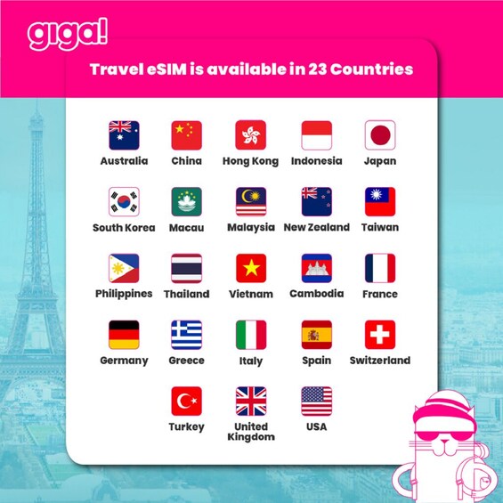 Flags of 23 countries with the text 'Travel eSIM is available in 23 Countries' and a giga! logo. 1
