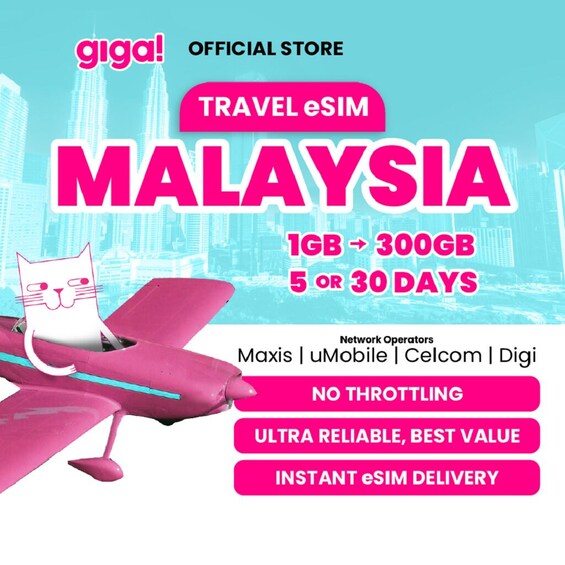 A promotional poster for Giga! Official Store offering travel eSIM services in Malaysia, highlighting a 1GB to 300GB upgrade option, with a 5 or 30-day delivery. 1