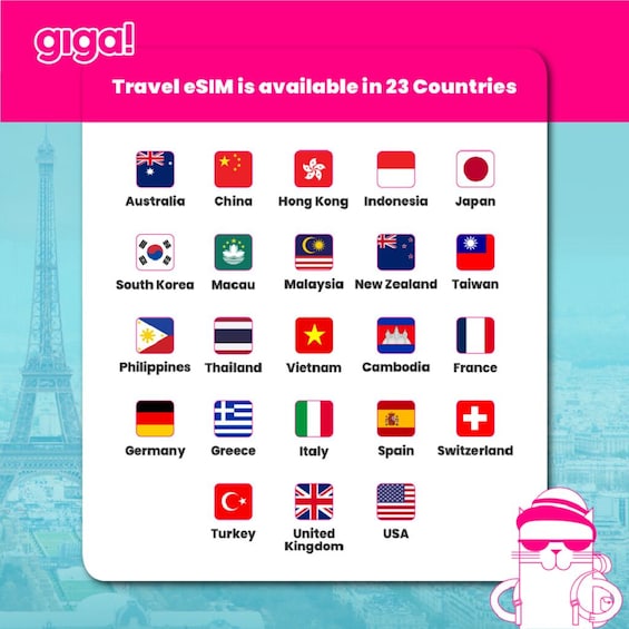 Flags of 23 countries with the text 'Travel eSIM is available in 23 Countries' and a giga! logo. 2