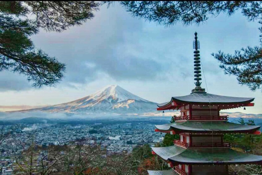 A pagoda with a mountain in the background. 1