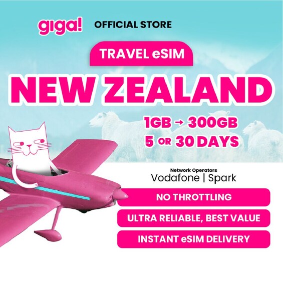 Ein Werbeplakat für einen Reise-eSIM-Service in Neuseeland, zeigt eine Katze in einem Flugzeug und Text über Datenpakete und Netzwerkbetreiber. 1