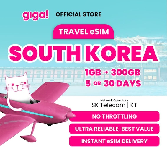 Anuncio promocional de servicios eSIM para viajar a Corea del Sur, destacando la opción de ampliar el servicio de 1GB a 300GB, con un tiempo de entrega de 5 o 30 días. 1