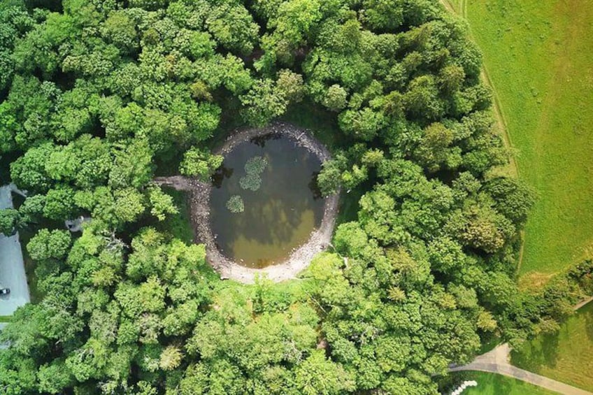 An aerial view of a circular pond surrounded by dense green forest. 2