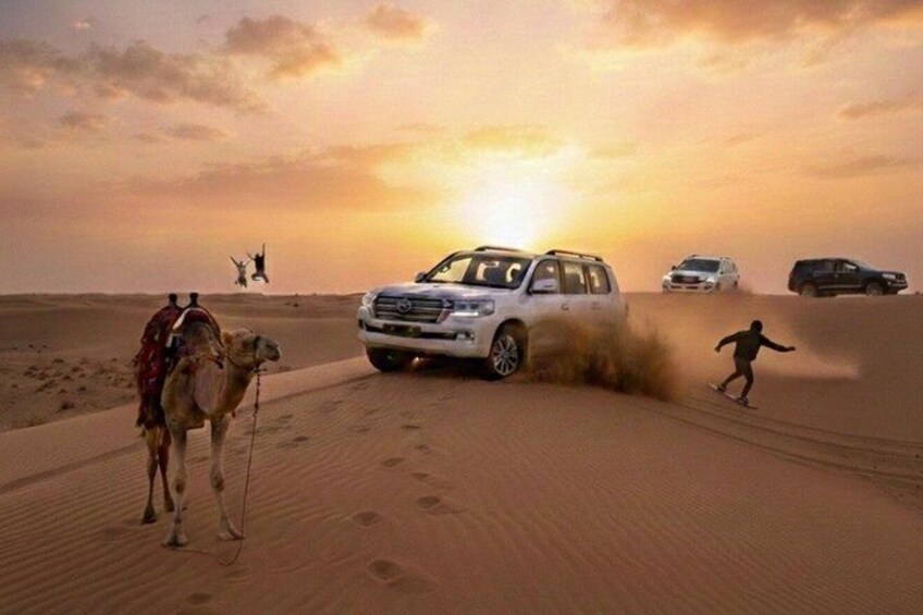 A desert landscape with a white SUV, a camel, and a person running. 3