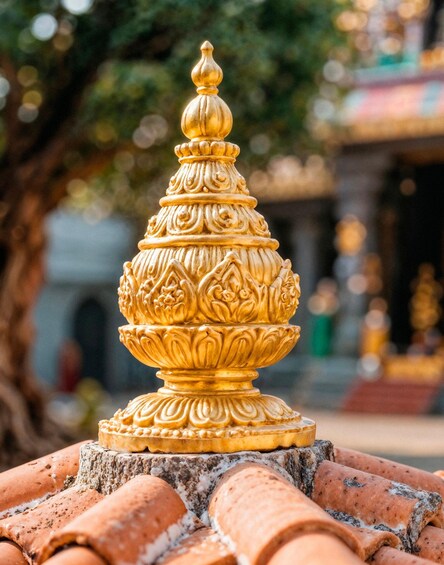 A golden ornate urn on a tiled roof. 4