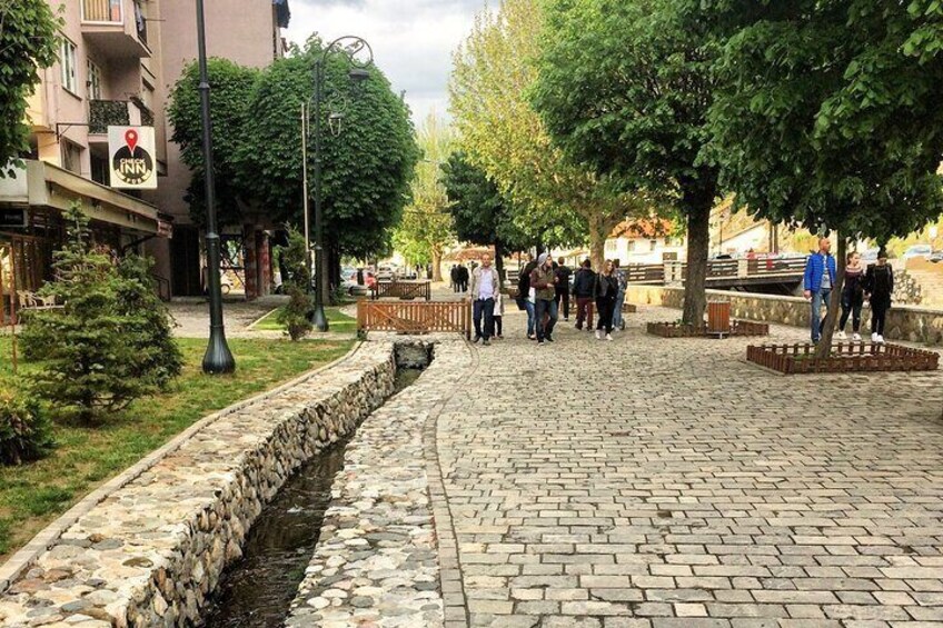 A cobblestone pathway lined with trees and a stone drainage channel. 4