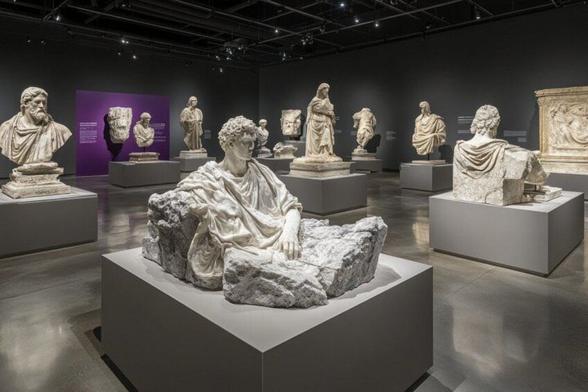 Et museumsinteriør med klassiske skulpturer. 3