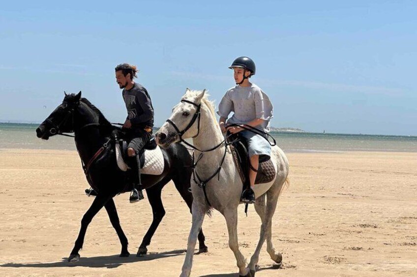 Two people riding horses on a sandy beach with the ocean in the background. 5