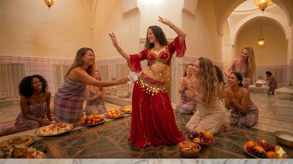 A group of people in a luxurious indoor setting with marble floors and arches, engaged in a social gathering with food and drink. 4