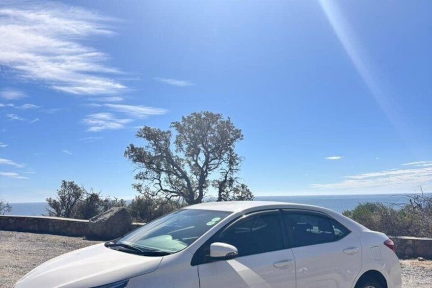 A white car parked on a gravel surface with a clear blue sky and a large tree in the background. 5