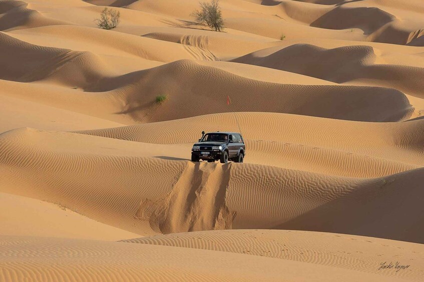 A vehicle navigating a sand dune landscape. 3