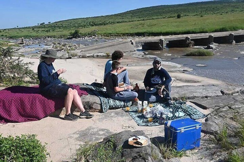 Four people sitting on a blanket by a river with a picnic setup. 4