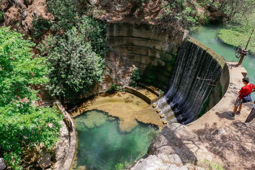 A waterfall cascading into a clear pool surrounded by rocky terrain and greenery. 3