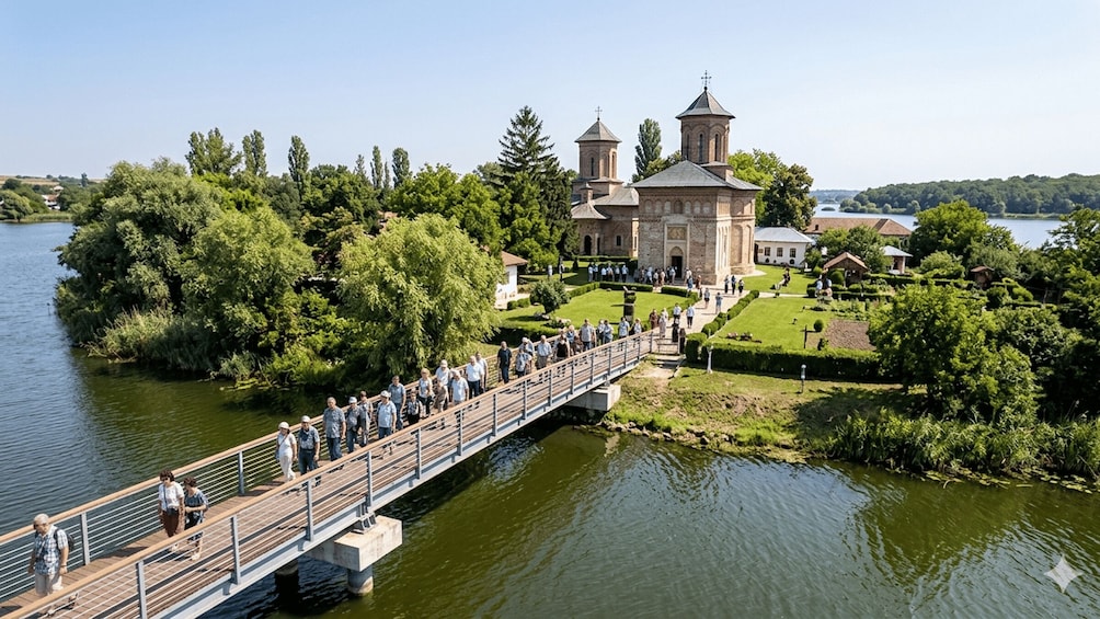 A river with a bridge, a church with two towers, and a well-maintained park. 4
