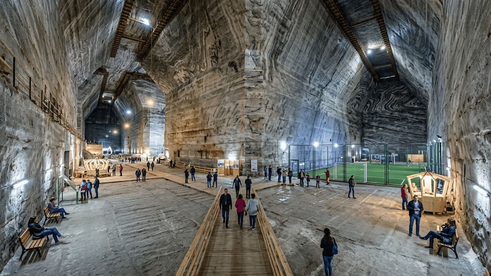 An indoor space with large rock formations, a wooden walkway, and a soccer field. 5