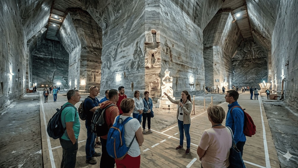 A group of tourists inside a large, cavernous space with high ceilings and marble walls, standing in a semi-circle around a central sculpture. 2