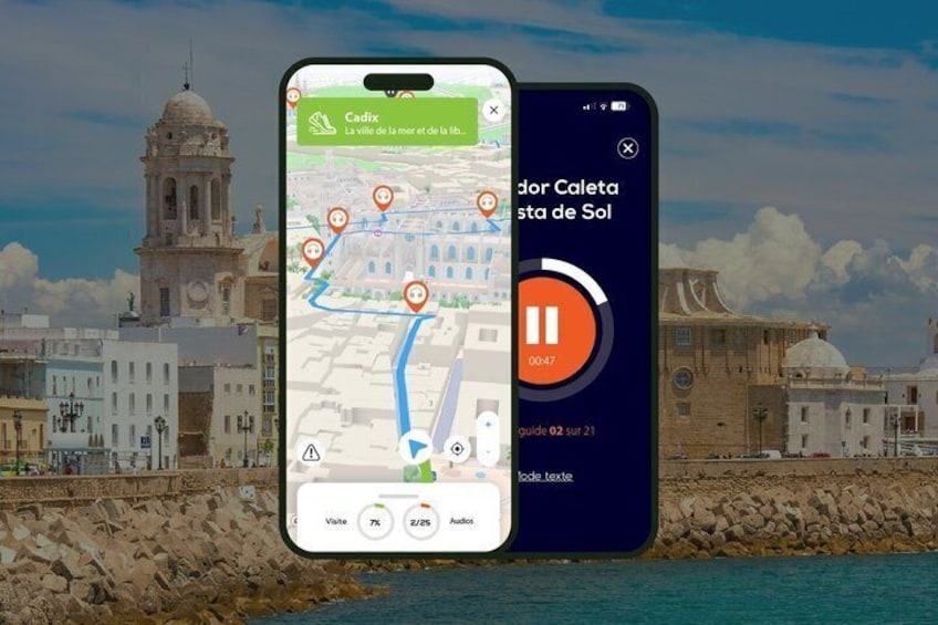 A smartphone displaying a map with a route, a cityscape with a prominent building, and a body of water. 1