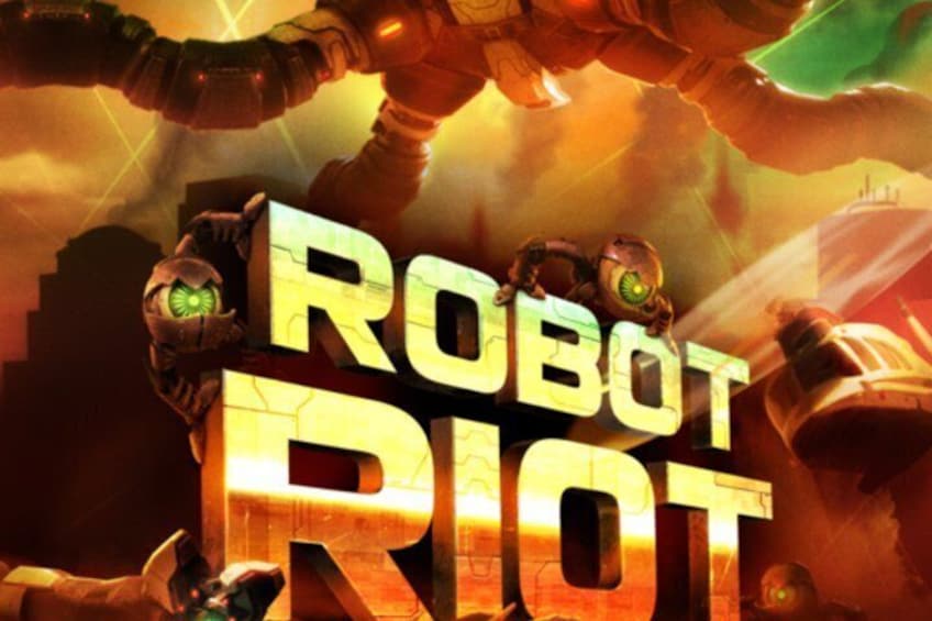 En plakat med robot-tema, med titlen 'ROBOT RIOT' og futuristiske robotdesign. 1