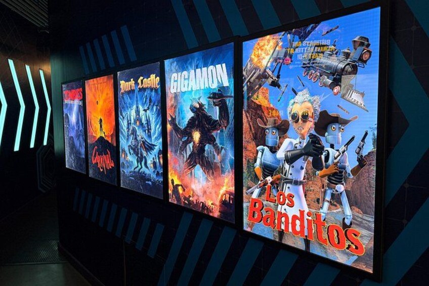 Una pared con carteles de películas, incluyendo 'Lemures', 'Dark Castle', 'Gigamon' y 'Los Banditos'. 1