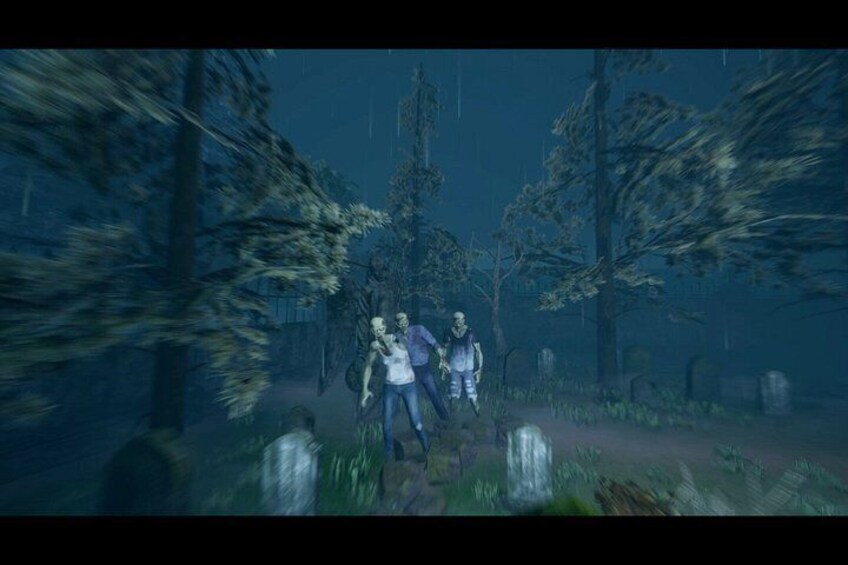 A forest scene with a path, trees, and a figure in a white outfit. 2
