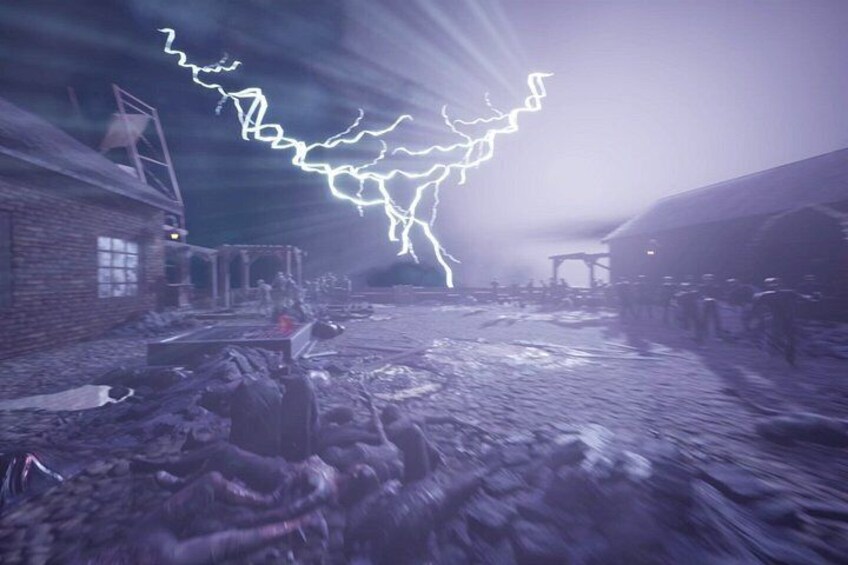 A snowy landscape with buildings and lightning. 4
