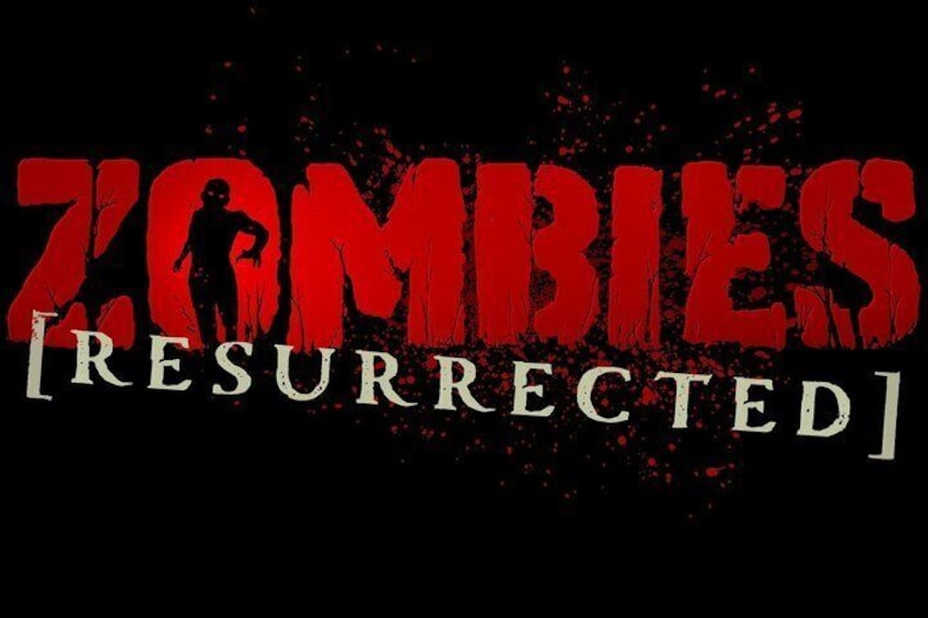 En grafik med ordene 'ZOMBIES' og 'RESURRECTED' i rød og hvid tekst, samt en silhuet af en zombie i baggrunden. 1
