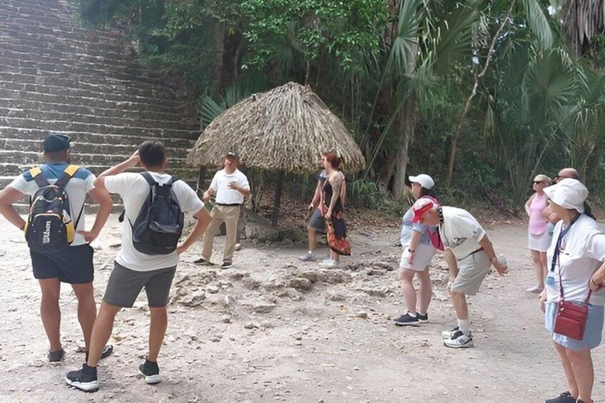 Un grupo de personas observando una construcción de techo de paja en un entorno tropical. 2
